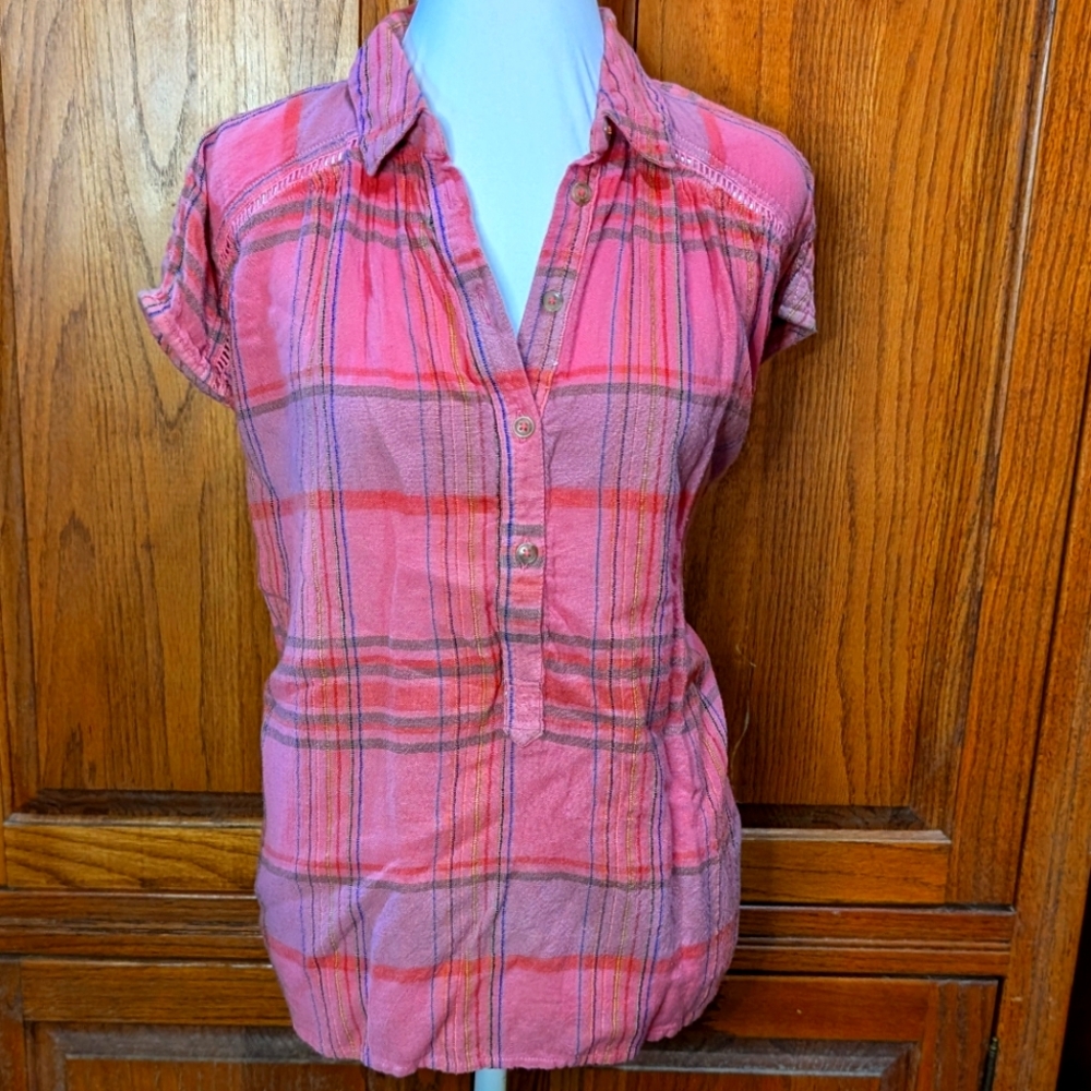 Pilcro by‎ Anthropologie The Serena Surf blouse S pink plaid collared top